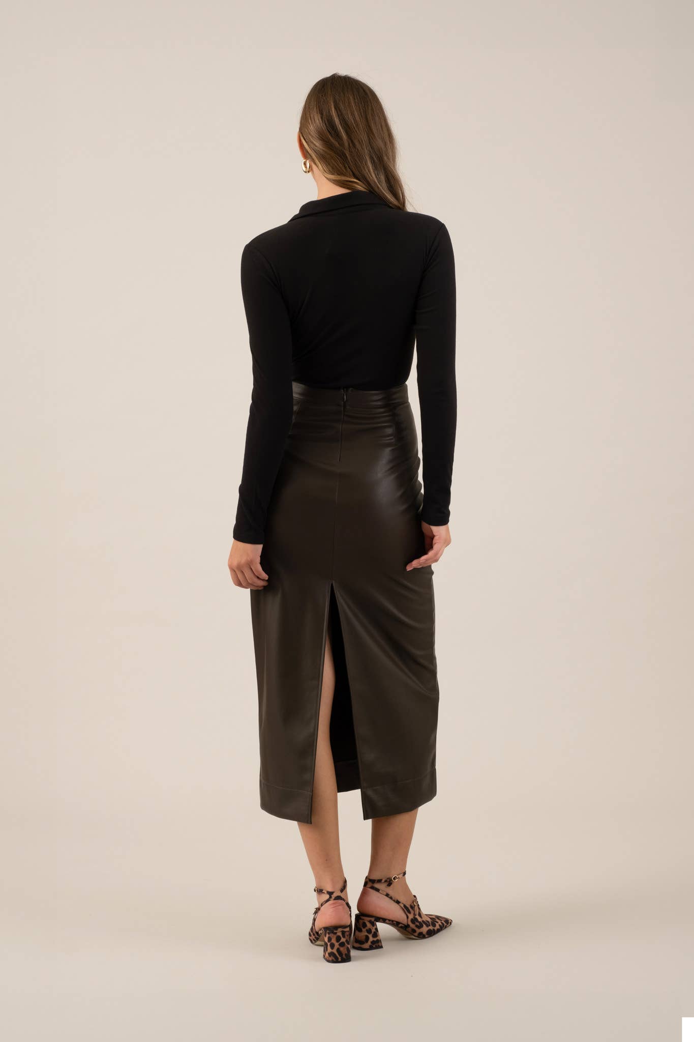 FAUX LEATHER SLIT MIDI SKIRT