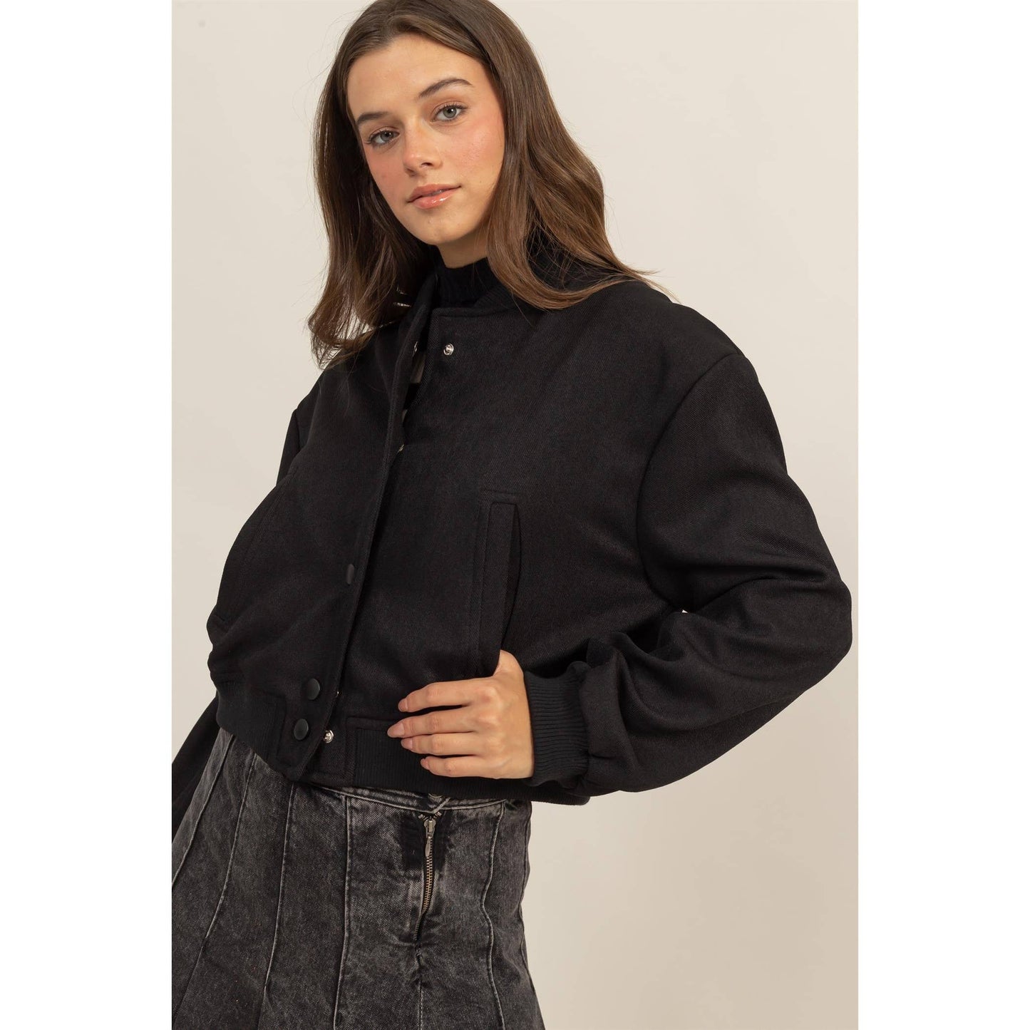 BUTTON UP BOMBER JACKET WITH RIBBED CUFFS