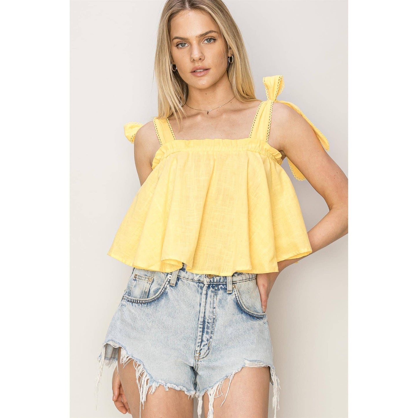 Romina Tie Shoulder Babydoll Crop Top