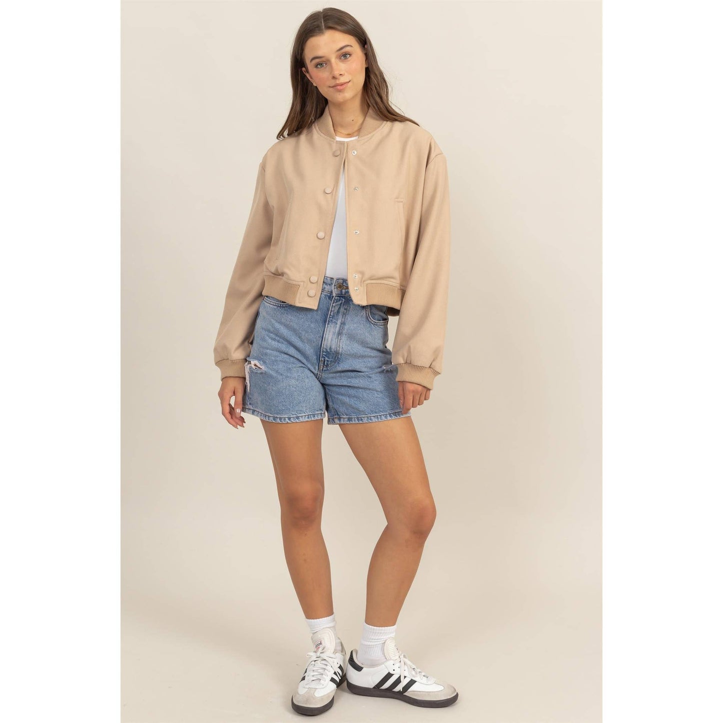 BUTTON UP BOMBER JACKET WITH RIBBED CUFFS