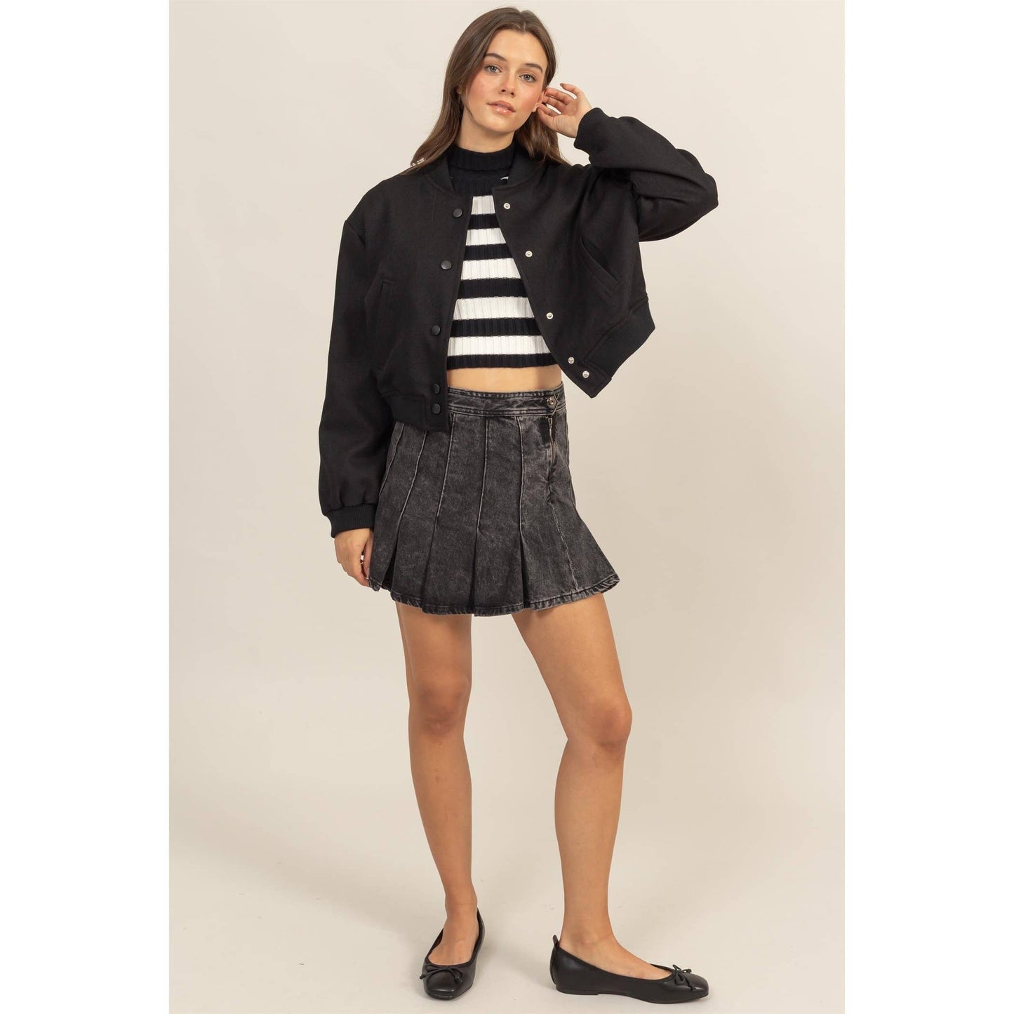 BUTTON UP BOMBER JACKET WITH RIBBED CUFFS