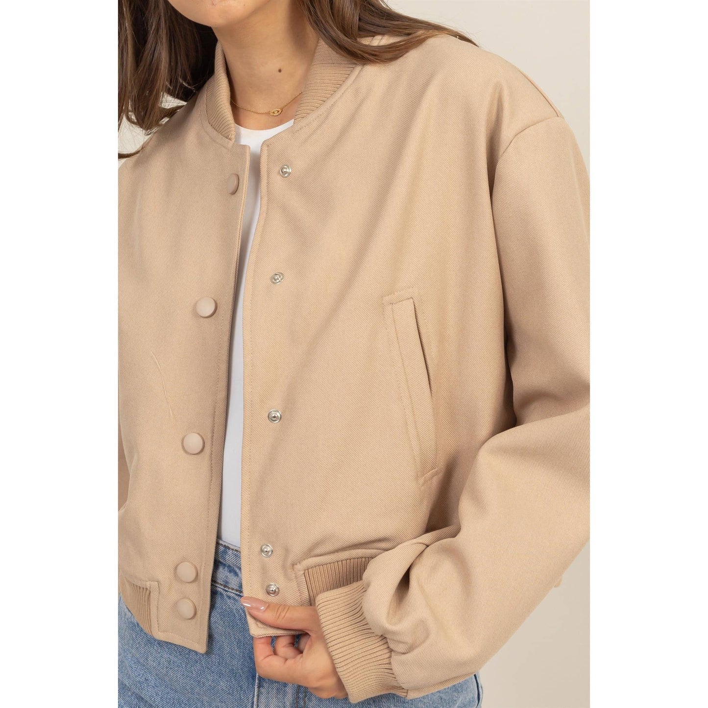 BUTTON UP BOMBER JACKET WITH RIBBED CUFFS