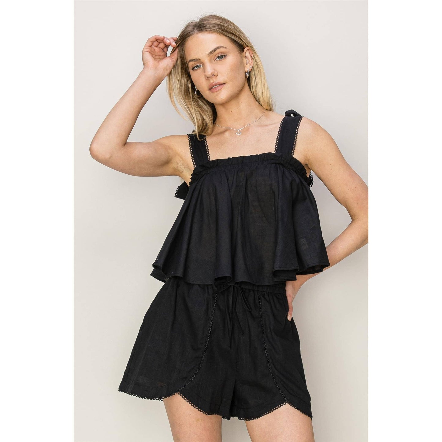 Romina Tie Shoulder Babydoll Crop Top