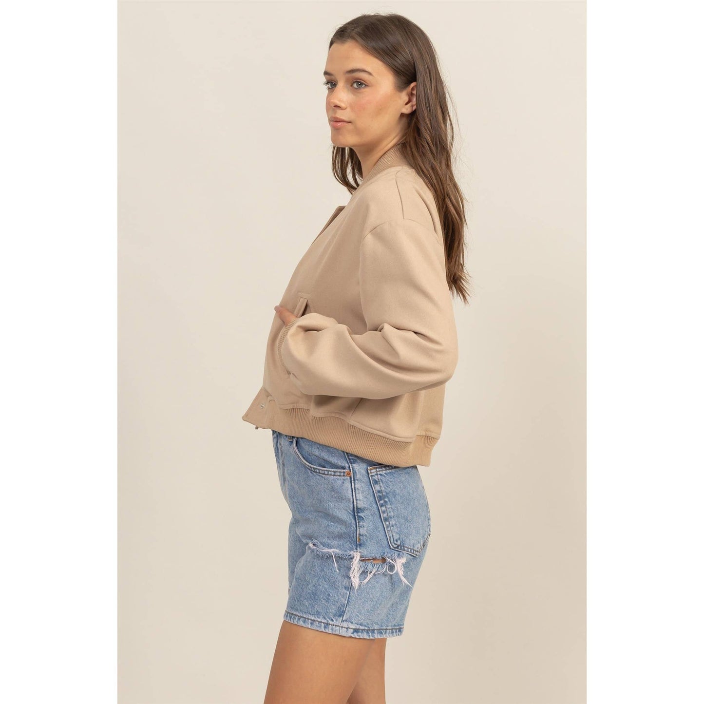 BUTTON UP BOMBER JACKET WITH RIBBED CUFFS