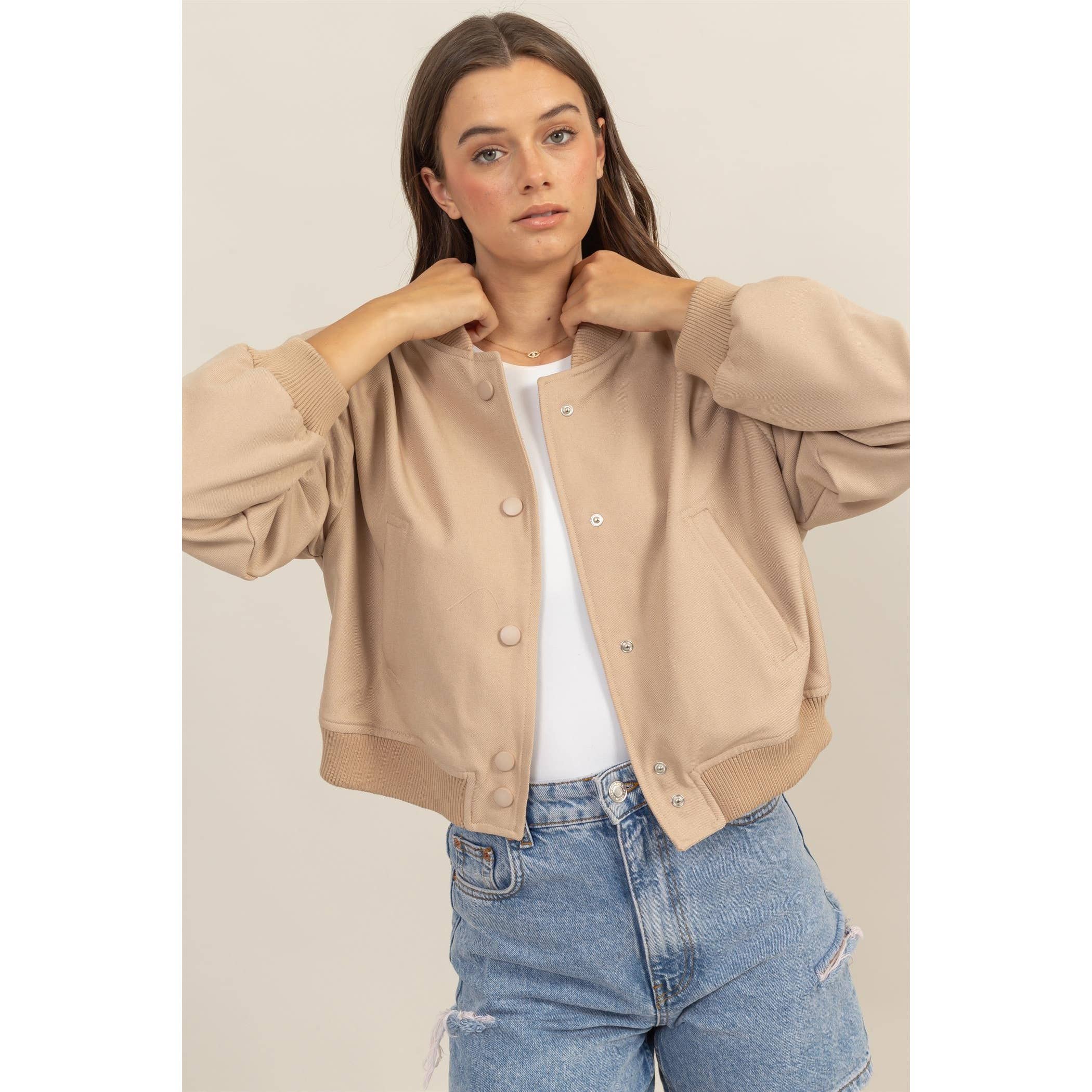 BUTTON UP BOMBER JACKET WITH RIBBED CUFFS Over Thirty Boutique