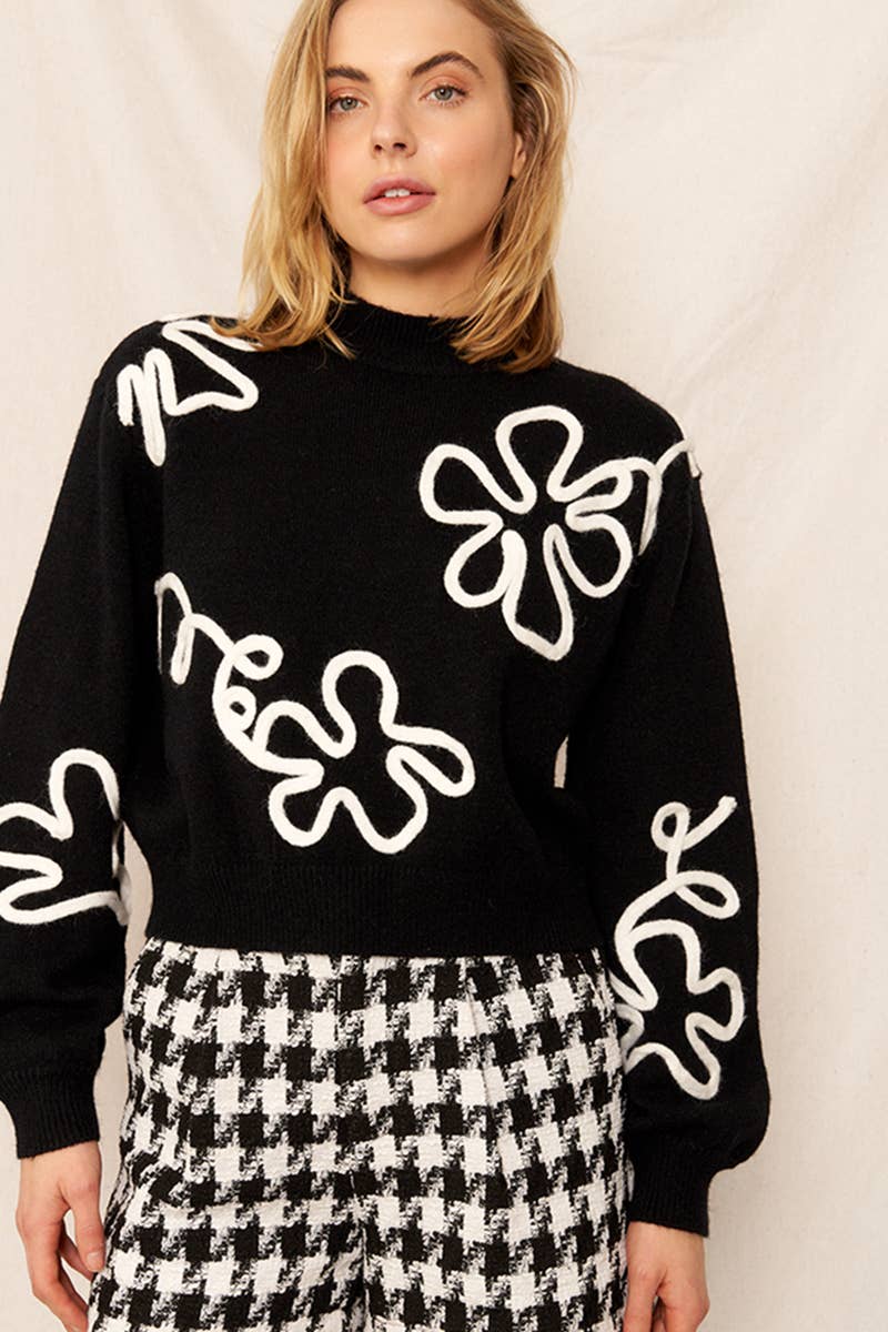 Floral Outline Mock Neck Sweater