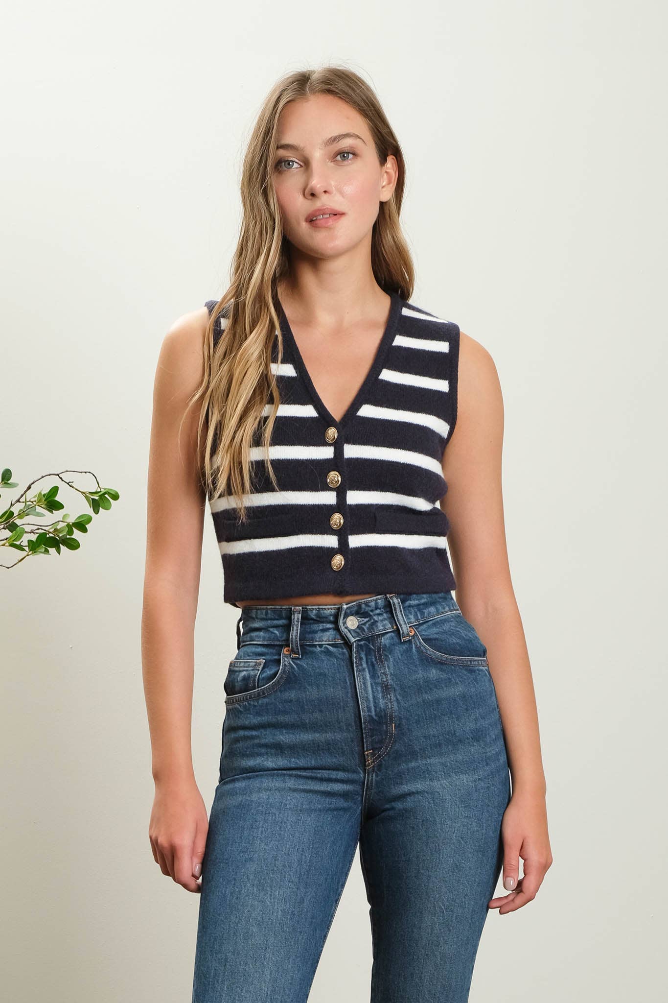 STRIPE BUTTON DOWN CROP KNIT VEST SLEEVELESS CARDIGAN