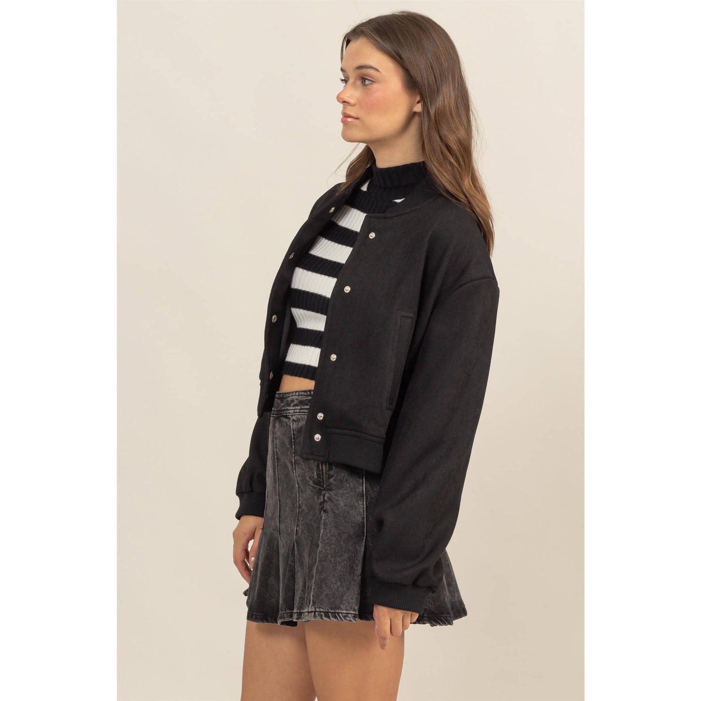 BUTTON UP BOMBER JACKET WITH RIBBED CUFFS